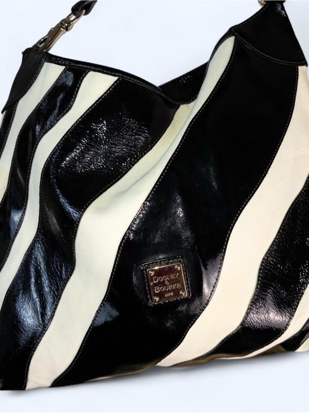 Dooney & Bourke Black and Cream Patent Wavy Stripe Shoulder Bag